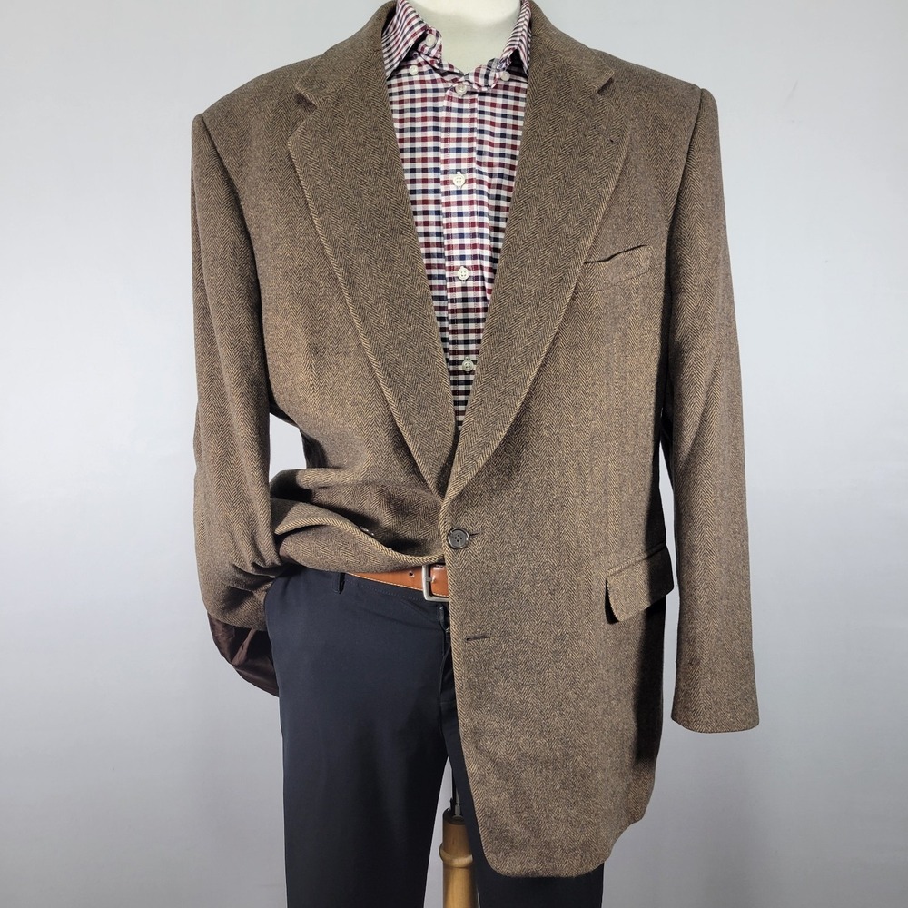 Ron Chereskin Men's‎ Sport Coat Blazer Two Button Brown Herringbone Flannel 46L